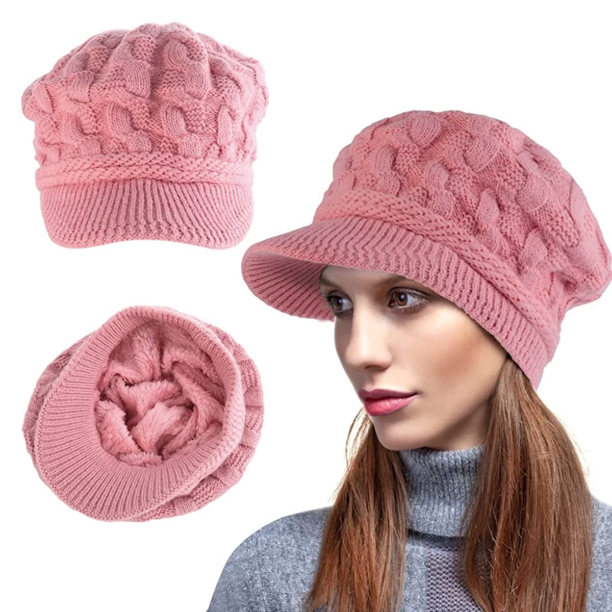 PALAY Winter Cap for Women Stylish Knitted Beret Cap Fleece Lined Wide Brim Beret for Women Warm Hat for Girl Ladies Pink PALAY Winter Cap for Women Stylish Knitted Beret Cap Fleece Lined Wide Brim Beret for Women Warm Hat for Girl Ladies Pink